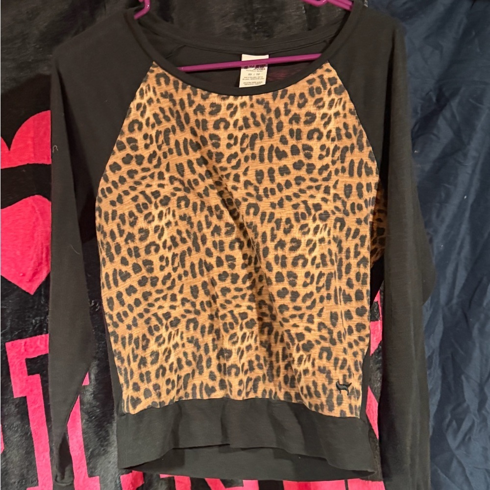 PINK Victoria's Secret Black Long Sleeve Top with Leopard Print Front